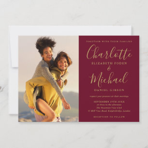 Burgundy and Gold Signature Script Photo Wedding Invitation