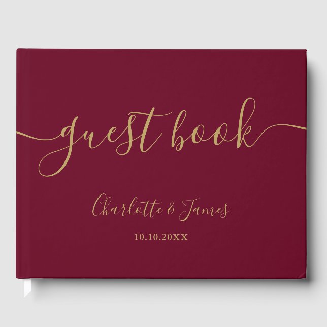 Burgundy and Gold Signature Script Wedding Guest Book (Front)