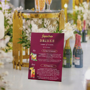 Burgundy and Gold Simple Wedding Signature Drinks Pedestal Sign