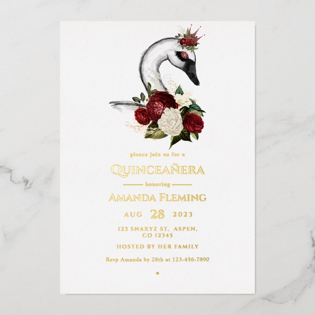 Burgundy and Gold Swan Quinceañera Foil Invitation (Front)