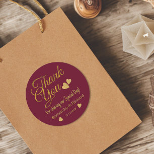 Burgundy And Gold Thank You Wedding Party Favour   Classic Round Sticker