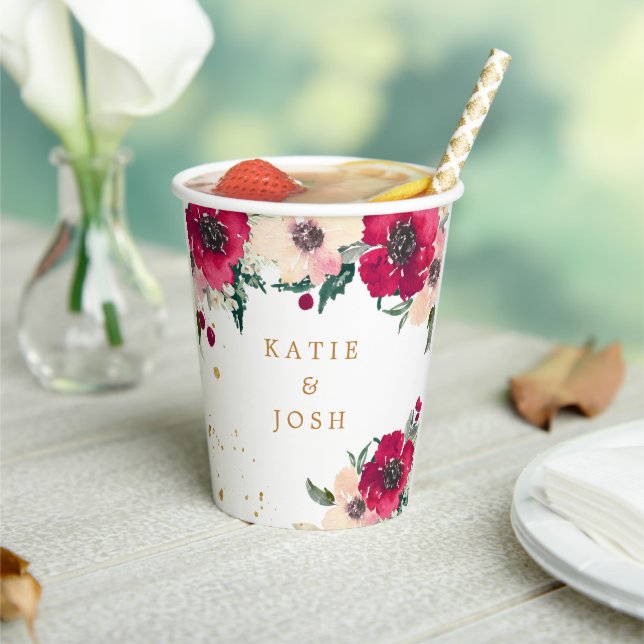 Burgundy and Gold Watercolor Floral  Paper Cups (Insitu)