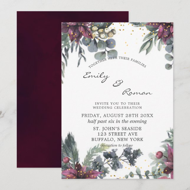 Burgundy and Gold Watercolor Floral Wedding  Invit Invitation (Front/Back)