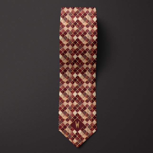 Burgundy and Gold Watercolor Geometric Monogram Tie (Creator Uploaded)