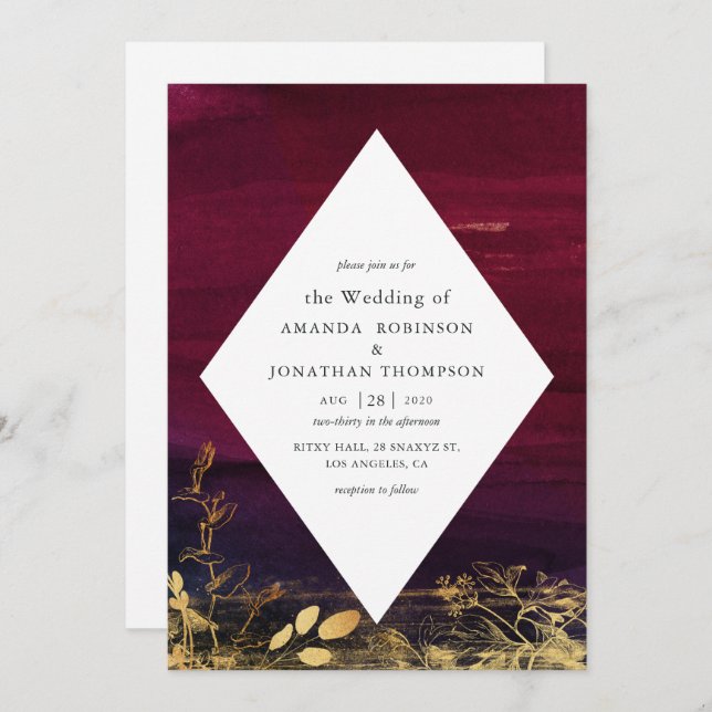 Burgundy and Gold Watercolor Wash Wedding Invitation (Front/Back)