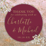 Burgundy and Gold Wedding Favour Thank You Classic Round Sticker<br><div class="desc">Burgundy and gold signature wedding favour thank you classic round sticker featuring signature style names. Personalise with your special thank you information in chic white typography. Designed by Thisisnotme©</div>