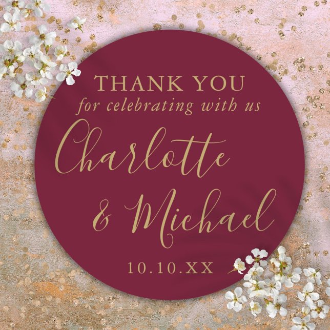 Burgundy and Gold Wedding Favour Thank You Classic Round Sticker (Burgundy and Gold Wedding Favor Thank You Classic Round Sticker)