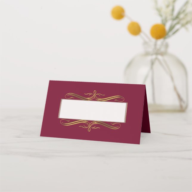 Burgundy and Gold Wedding Folded Place Card (Front)