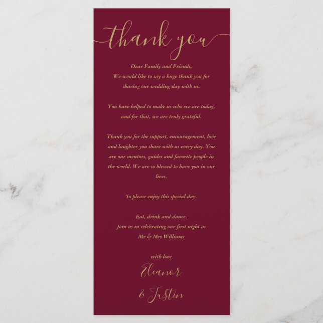 Burgundy and Gold Wedding Thank You Place Card (Front)