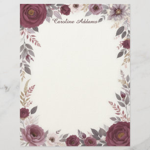 Burgundy and Gray Floral Stationery Paper Custom Letterhead