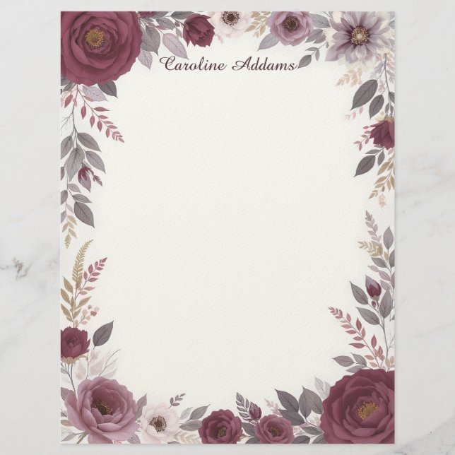 Burgundy and Gray Floral Stationery Paper Custom Letterhead (Front)