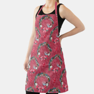 Burgundy and Green Christmas Wreath and Cardinal Apron