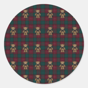 Burgundy and Green Teddy Tartan Tissue Paper Classic Round Sticker