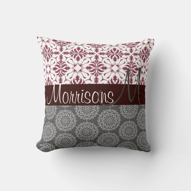 Burgundy and Grey Damask Monogram Cushion (Front)