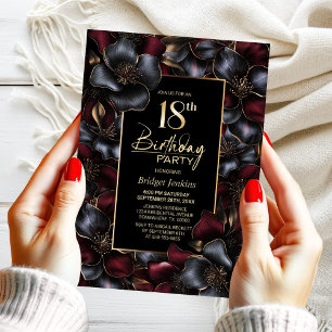 Burgundy and Grey Floral 18th Birthday Party Invitation