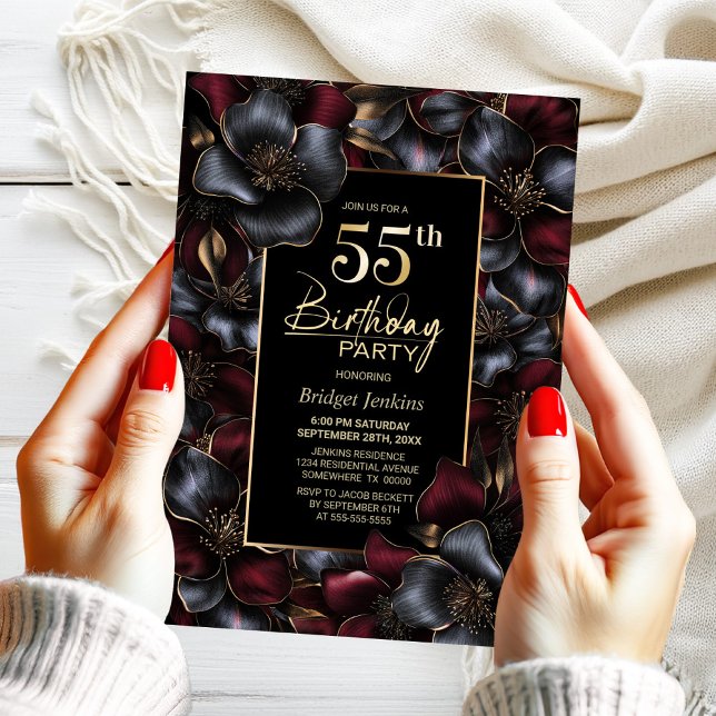 Burgundy and Grey Floral 55th Birthday Party Invitation (Creator Uploaded)