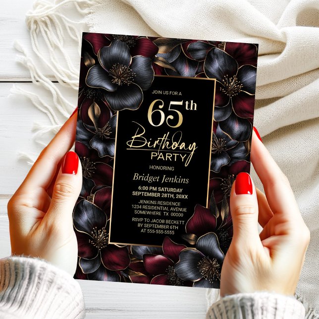 Burgundy and Grey Floral 65th Birthday Party Invitation (Creator Uploaded)