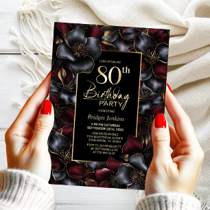 Burgundy and Grey Floral 80th Birthday Party Invitation