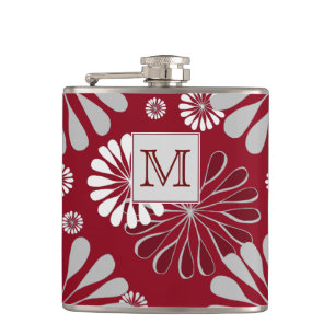 Burgundy and Grey Floral Monogram Hip Flask