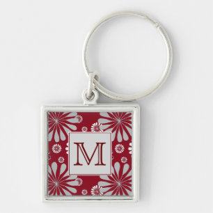 Burgundy and Grey Floral Monogram Key Ring