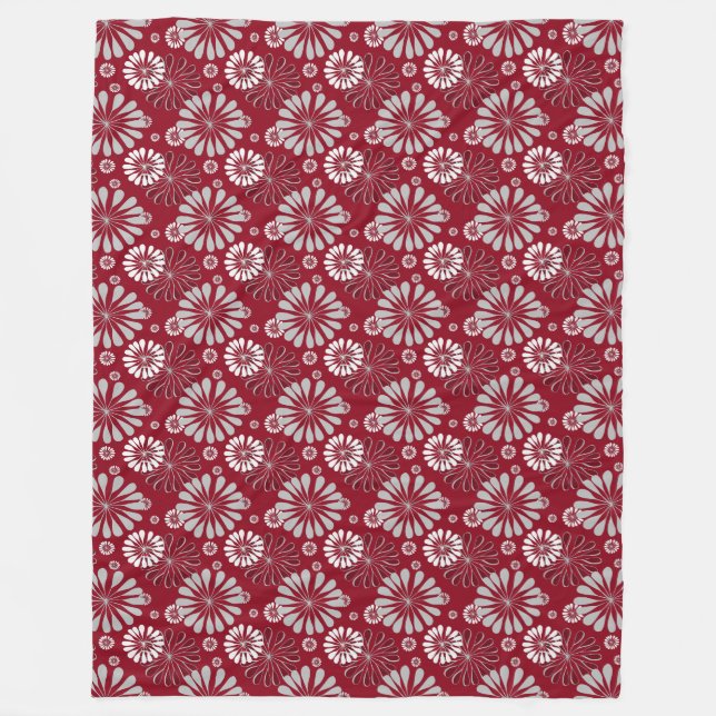 Burgundy and Grey Floral Pattern Fleece Blanket (Front)