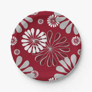Burgundy and Grey Floral Pattern Paper Plate