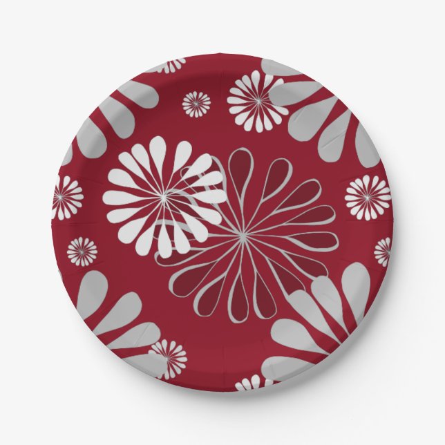 Burgundy and Grey Floral Pattern Paper Plate (Front)