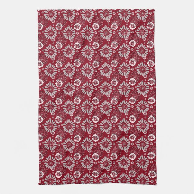 Burgundy and Grey Floral Tea Towel (Vertical)