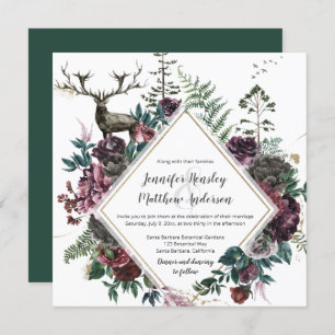 Burgundy and Grey Floral with Stag and Greenery Invitation