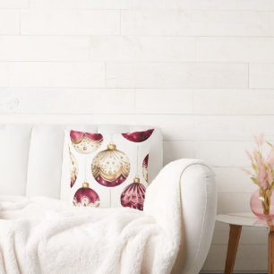 Burgundy and Ivory and Gold Christmas Ornaments Cushion