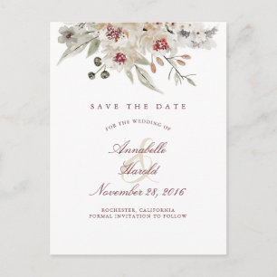 Burgundy and Ivory Floral Save the Date Announcement Postcard