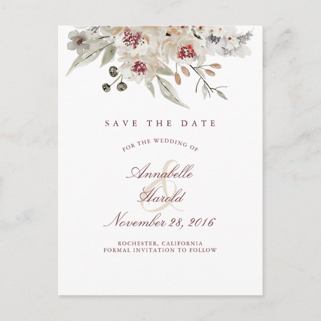 Burgundy and Ivory Floral Save the Date Announcement Postcard (Front)