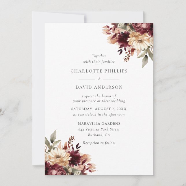 Burgundy and Ivory Floral Wedding Invitation (Front)