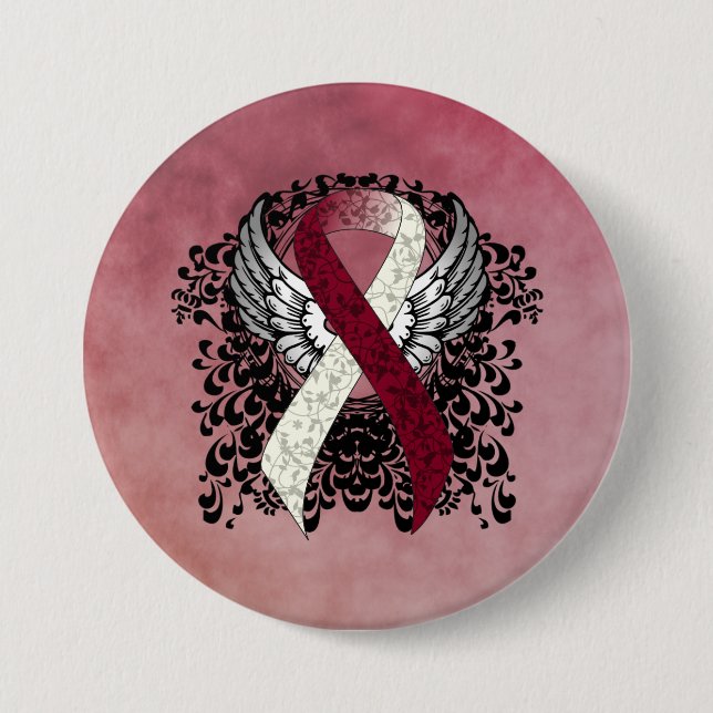 Burgundy and Ivory Ribbon with Wings 7.5 Cm Round Badge (Front)