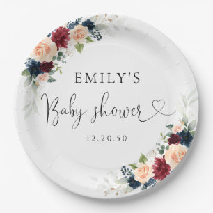 Burgundy and Navy Baby Shower Paper Plate