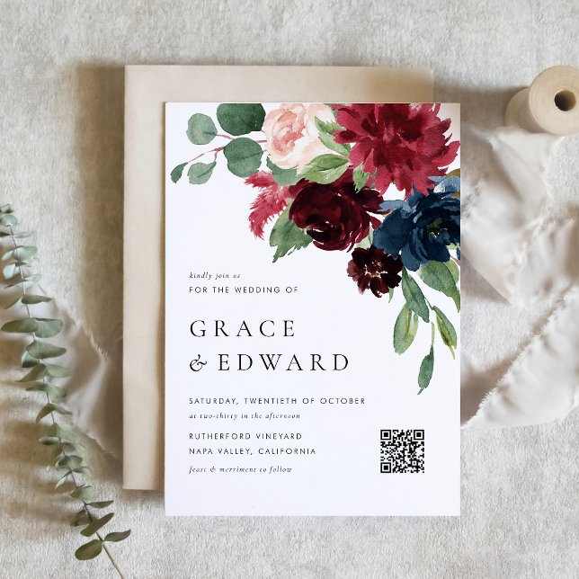 Burgundy and Navy Blue Botanical QR Code Wedding Invitation (A botanical QR code wedding invitation featuring watercolor burgundy and navy blue flowers. )