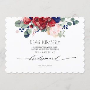 Burgundy and Navy Blue Floral Be My Bridesmaid Invitation