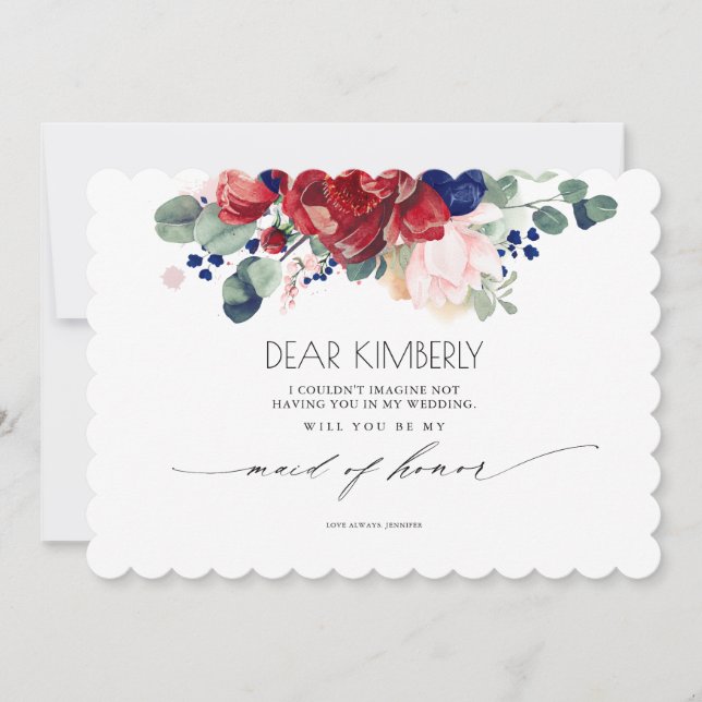 Burgundy and Navy Blue Floral Be My Maid of Honour Invitation (Front)
