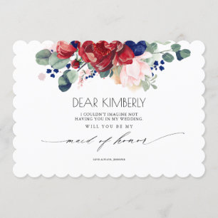 Burgundy and Navy Blue Floral Be My Maid of Honour Invitation