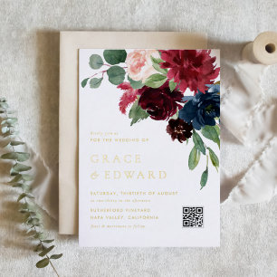 Burgundy and Navy Blue Floral QR Code Wedding