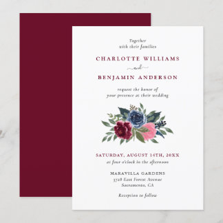 Burgundy and Navy Blue Floral Wedding Invitations