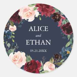 Burgundy and Navy Blue Floral Wreath Wedding Classic Round Sticker