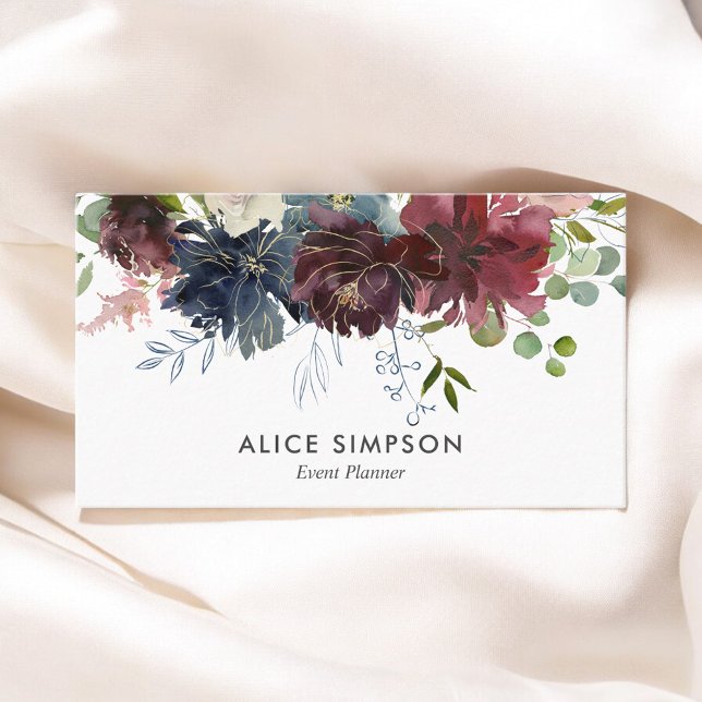 Burgundy and Navy Blue Flowers Business Card (Creator Uploaded)