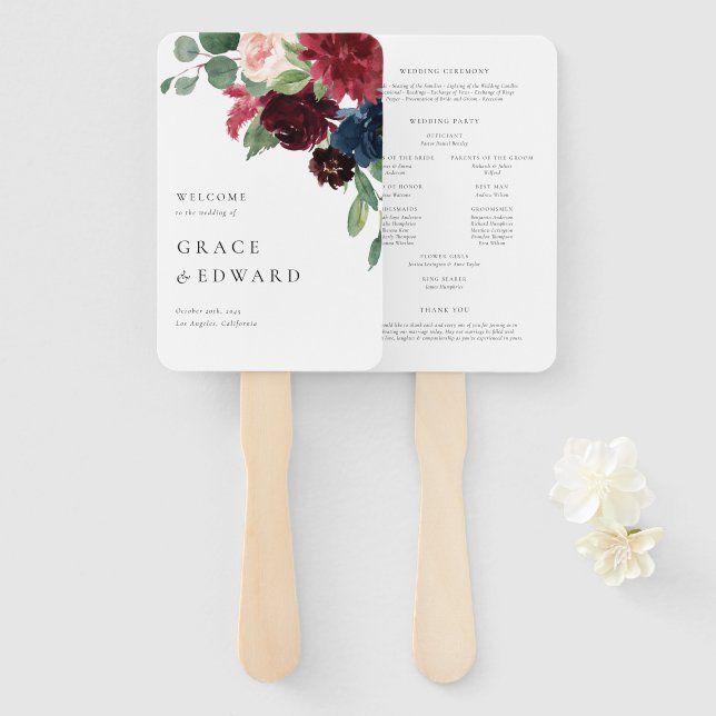 Burgundy and Navy Blue Flowers Wedding Programs Hand Fan (Front and Back)