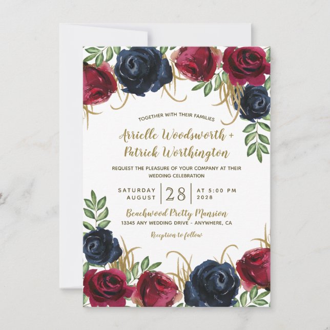 Burgundy and Navy Blue Rustic Wedding Invitations (Front)