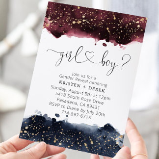 Burgundy and Navy Blue Watercolor Gender Reveal Invitation