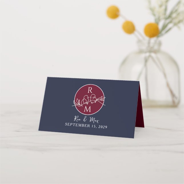 Burgundy and Navy Blue Wedding Place Card (Back)