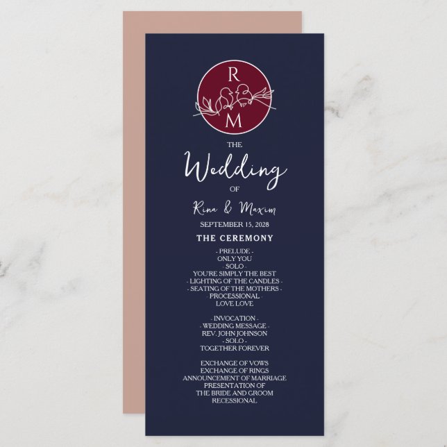 Burgundy and Navy Blue Wedding Program Programme (Front/Back)