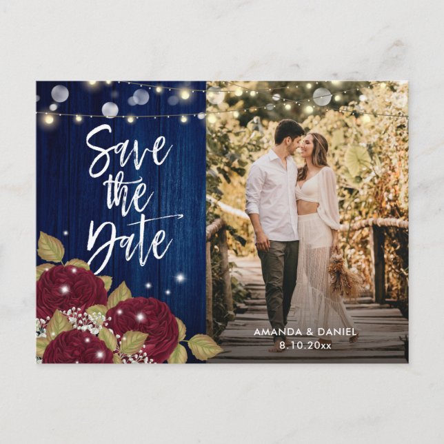 Burgundy and Navy Blue Wedding Save The Date Photo Announcement Postcard (Front)