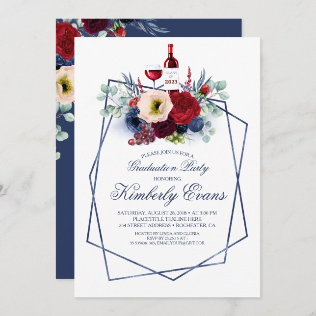 Burgundy and Navy Blue Wine Tasting Graduation Invitation (Front/Back)